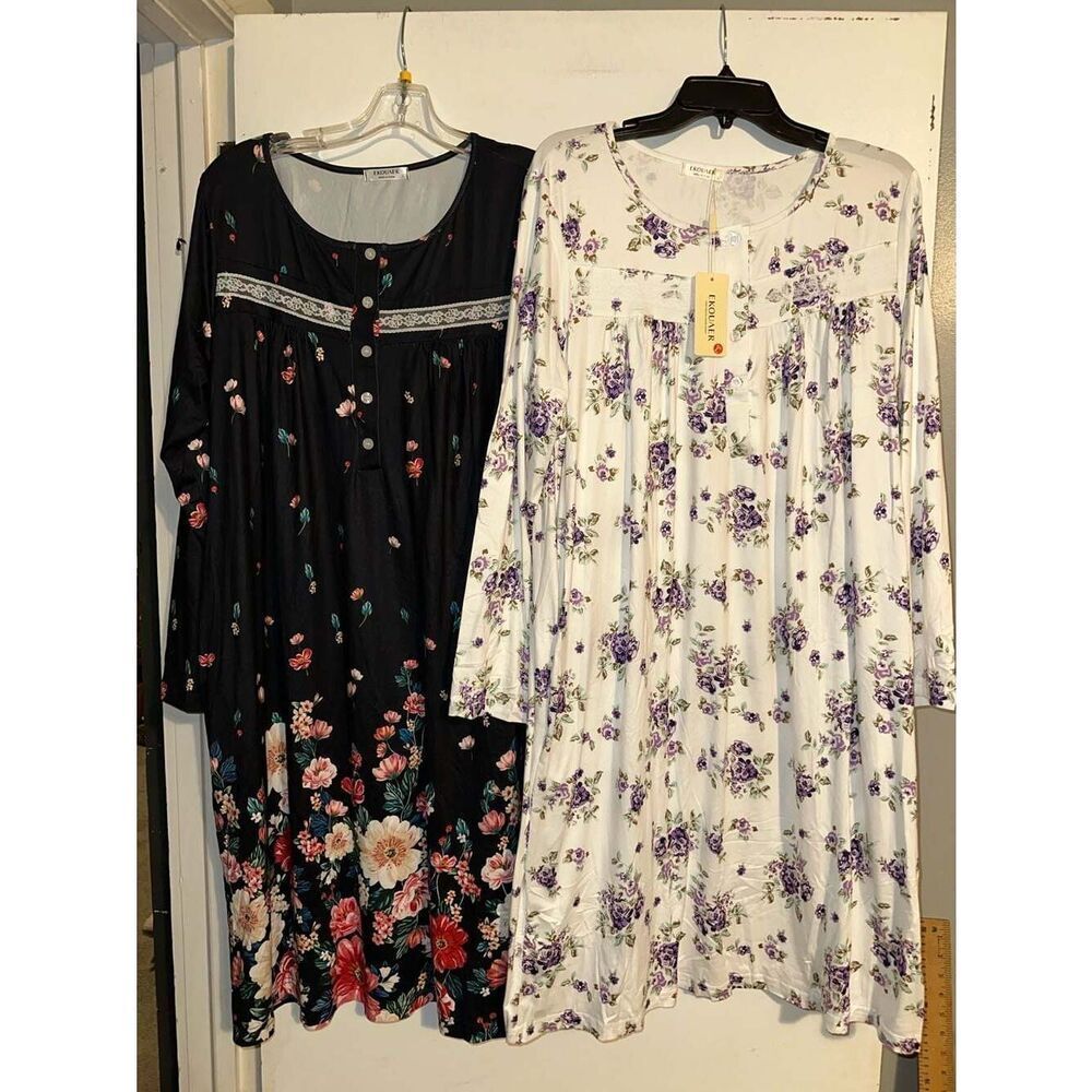 Ekouaer 2-Pack Women's Long Sleeve Floral Print Nightgowns with Lace Detail